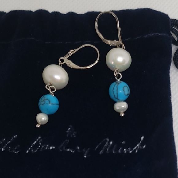 Danbury Mint Pearl & Turqoise Bead Sterling Silver Earrings - Picture 3 of 3